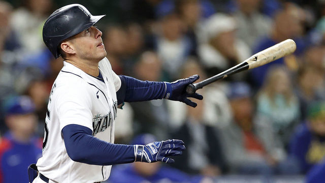 SEATTLE, WASHINGTON - SEPTEMBER 28: Dylan Moore #25 of the Seattle Mariners at bat during the seventh inning against the Texas Rangers at T-Mobile Park on September 28, 2022 in Seattle, Washington.
