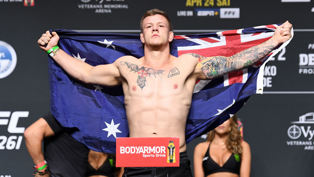JACKSONVILLE, FLORIDA - APRIL 23: Jimmy Crute of Australia poses on the scale during the ceremonial UFC 261 weigh-in at VyStar Veterans Memorial Arena on April 23, 2021 in Jacksonville, Florida.