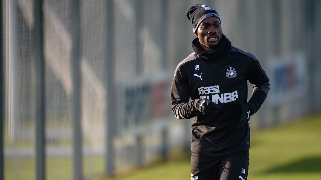 NEWCASTLE UPON TYNE, ENGLAND - JANUARY 15: Christian Atsu runs during the Newcastle United Training Session at the Newcastle United Training Centre on January 15, 2021 in Newcastle upon Tyne, England.