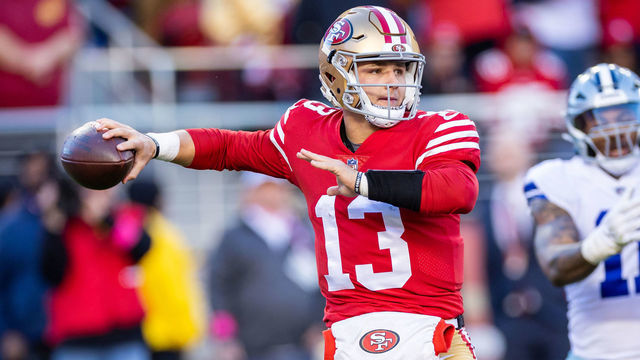 SANTA CLARA, CA - JANUARY 22: San Francisco 49ers quarterback Brock Purdy (13) throws a pass during the NFL NFC Divisional Playoff game between the Dallas Cowboys and San Francisco 49ers at Levis Stadium in Santa Clara, CA.