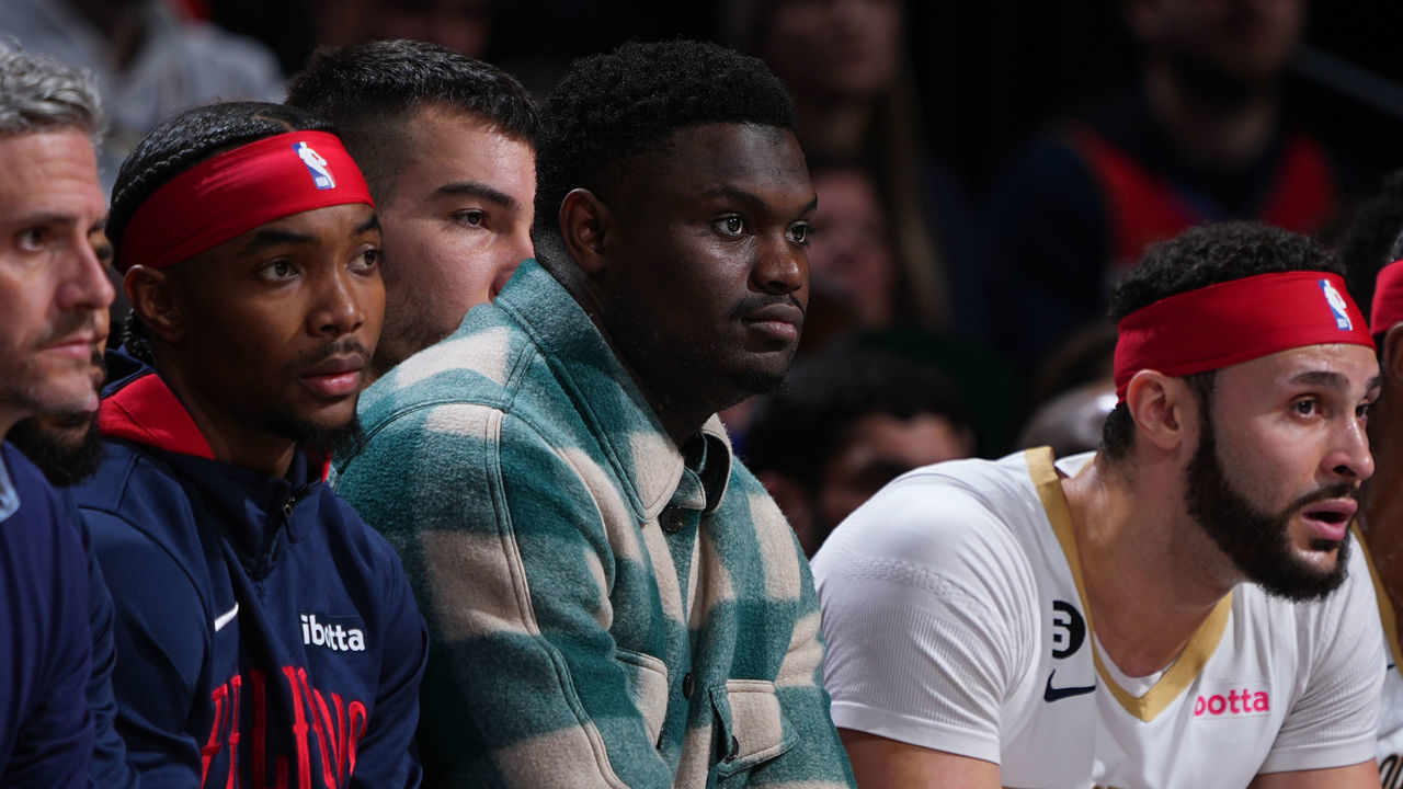 DENVER, CO - JANUARY 31: Zion Williamson #1 of the New Orleans Pelicans looks on during the game against the Denver Nuggets on January 31, 2023 at the Ball Arena in Denver, Colorado. NOTE TO USER: User expressly acknowledges and agrees that, by downloading and/or using this Photograph, user is consenting to the terms and conditions of the Getty Images License Agreement. Mandatory Copyright Notice: Copyright 2023 NBAE