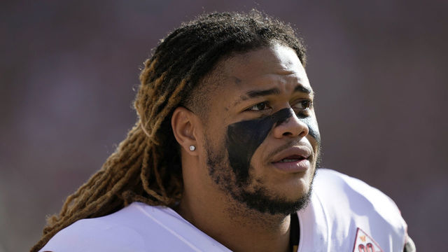 SANTA CLARA, CALIFORNIA - DECEMBER 24: Chase Young #99 of the Washington Commanders stands during the singing of the National Anthem prior to the game against the San Francisco 49ers at Levi's Stadium on December 24, 2022 in Santa Clara, California.