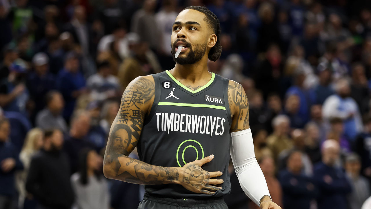 MINNEAPOLIS, MN - FEBRUARY 05: D'Angelo Russell #0 of the Minnesota Timberwolves looks on prior to the start of the game against the Denver Nuggets at Target Center on February 5, 2023 in Minneapolis, Minnesota. The Timberwolves defeated the Nuggets 128-98.