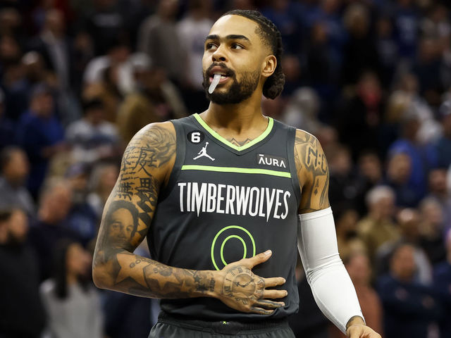 MINNEAPOLIS, MN - FEBRUARY 05: D'Angelo Russell #0 of the Minnesota Timberwolves looks on prior to the start of the game against the Denver Nuggets at Target Center on February 5, 2023 in Minneapolis, Minnesota. The Timberwolves defeated the Nuggets 128-98.