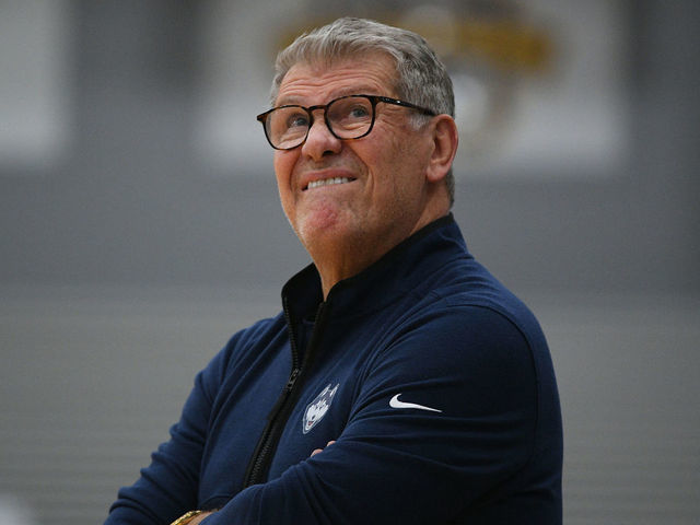 PROVIDENCE, RI - FEBRUARY 01: UConn Huskies head coach Geno Auriemma looks up at the scoreboard during a women's college basketball game between the UConn Huskies and the Providence Friars on February 1, 2023, at Alumni Hall in Providence, RI.