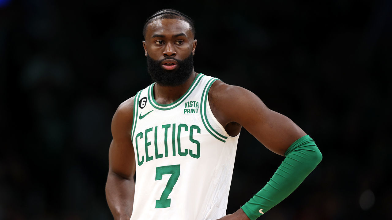 BOSTON, MASSACHUSETTS - JANUARY 26: Jaylen Brown #7 of the Boston Celtics looks on during the second half against the New York Knicks at TD Garden on January 26, 2023 in Boston, Massachusetts. The Knicks defeat the Celtics 120-117 in overtime.