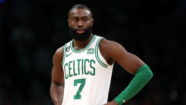 BOSTON, MASSACHUSETTS - JANUARY 26: Jaylen Brown #7 of the Boston Celtics looks on during the second half against the New York Knicks at TD Garden on January 26, 2023 in Boston, Massachusetts. The Knicks defeat the Celtics 120-117 in overtime.