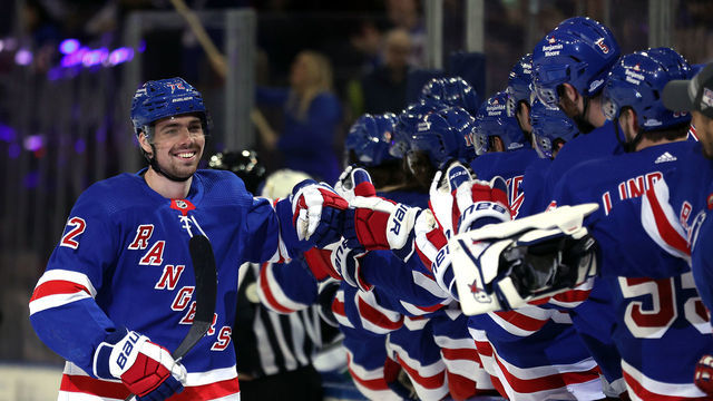 NEW YORK, NEW YORK - FEBRUARY 08: Filip Chytil #72 of the New York Rangers is congratulated by teammates after scoring during the 1st period of the game against the Vancouver Canucks at Madison Square Garden on February 08, 2023 in New York City.