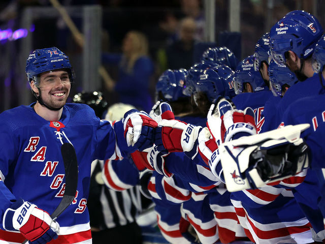 NEW YORK, NEW YORK - FEBRUARY 08: Filip Chytil #72 of the New York Rangers is congratulated by teammates after scoring during the 1st period of the game against the Vancouver Canucks at Madison Square Garden on February 08, 2023 in New York City.