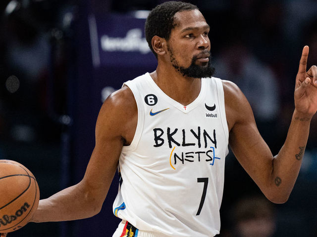 CHARLOTTE, NORTH CAROLINA - DECEMBER 31: Kevin Durant #7 of the Brooklyn Nets brings the ball up court against the Charlotte Hornets during their game at Spectrum Center on December 31, 2022 in Charlotte, North Carolina.