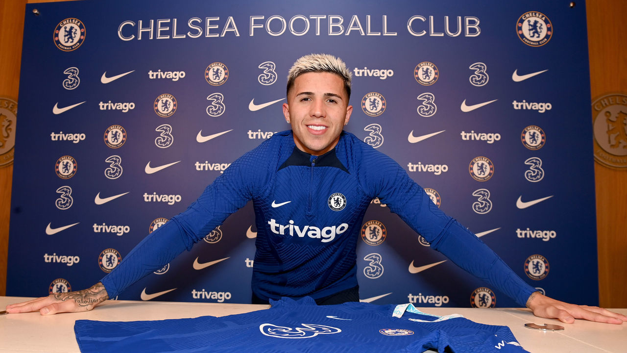 COBHAM, ENGLAND - FEBRUARY 01: Chelsea unveil new signing Enzo Fernandez at Chelsea Training Ground on February 1, 2023 in Cobham, England.