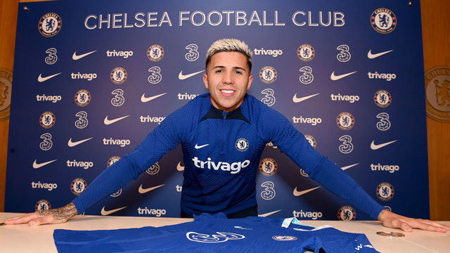 COBHAM, ENGLAND - FEBRUARY 01: Chelsea unveil new signing Enzo Fernandez at Chelsea Training Ground on February 1, 2023 in Cobham, England.