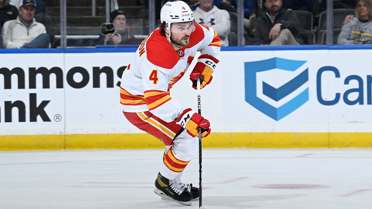 ST. LOUIS, MO - JANUARY 12: Rasmus Andersson #4 of the Calgary Flames skates against the Calgary Flames at the Enterprise Center on January 12, 2023 in St. Louis, Missouri.