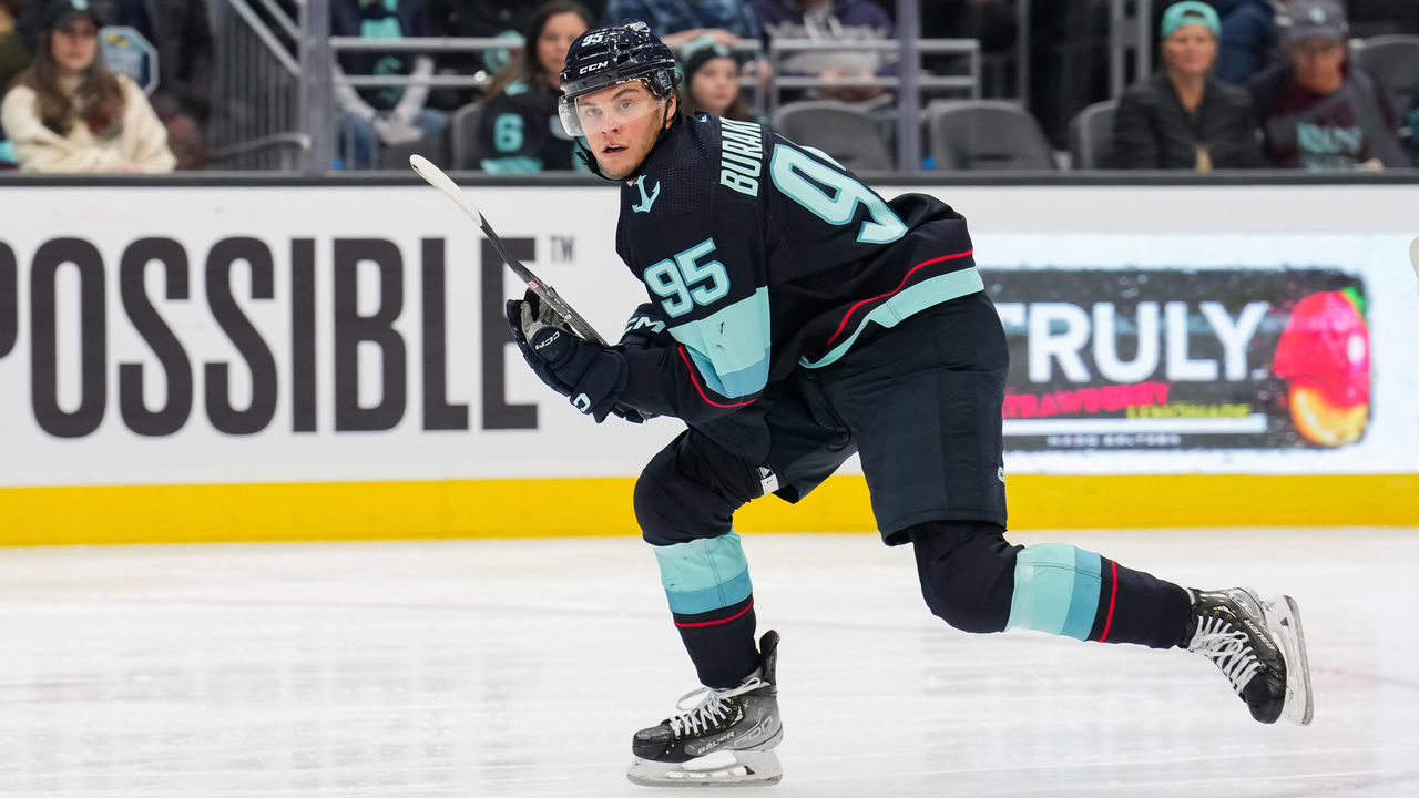SEATTLE, WASHINGTON - JANUARY 27: Andre Burakovsky #95 of the Seattle Kraken skates during the second period of a game against the Calgary Flames at Climate Pledge Arena on January 27, 2023 in Seattle, Washington.
