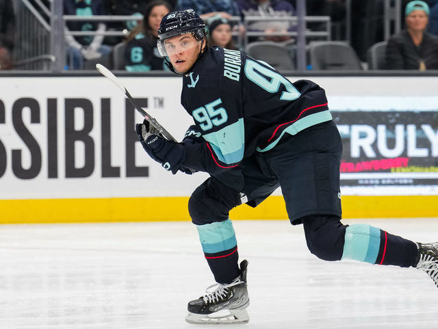 SEATTLE, WASHINGTON - JANUARY 27: Andre Burakovsky #95 of the Seattle Kraken skates during the second period of a game against the Calgary Flames at Climate Pledge Arena on January 27, 2023 in Seattle, Washington.