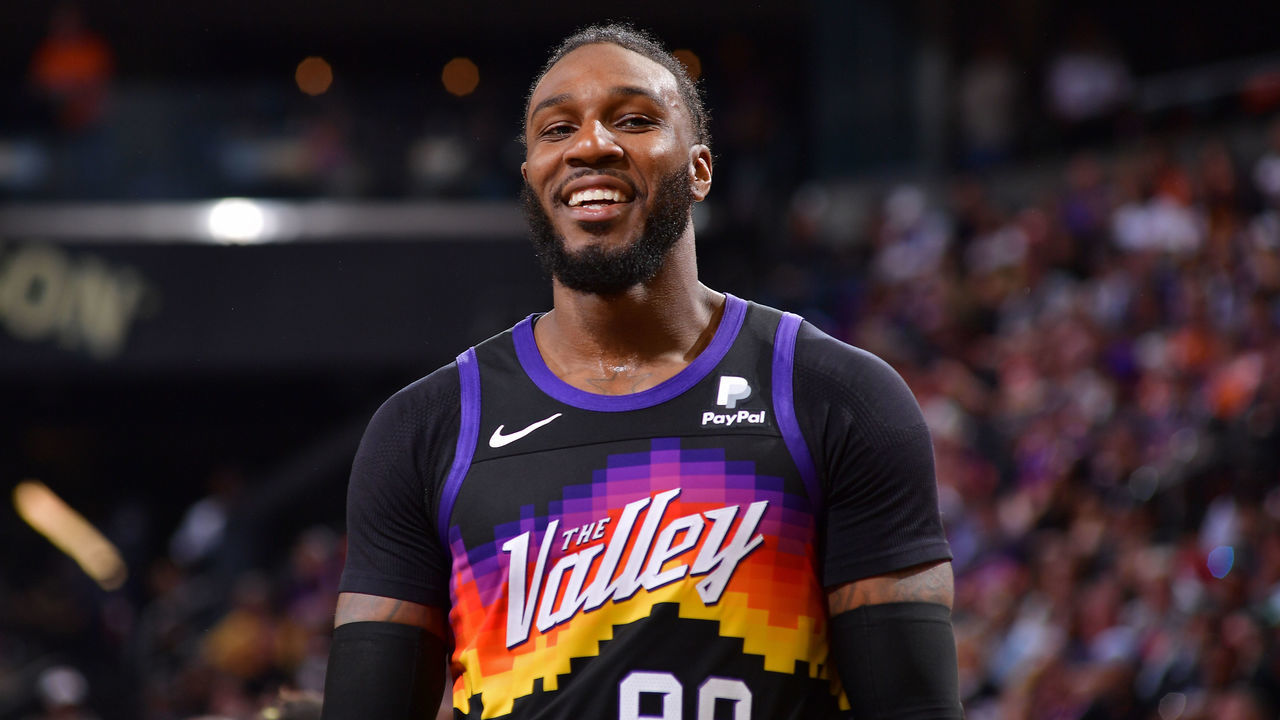 PHOENIX, AZ - MAY 4: Jae Crowder #99 of the Phoenix Suns smiles and looks on during the game against the Dallas Mavericks during Game 2 of the 2022 NBA Playoffs Western Conference Semifinals on May 4, 2022 at Footprint Center in Phoenix, Arizona. Mandatory Copyright Notice: Copyright 2022 NBAE
