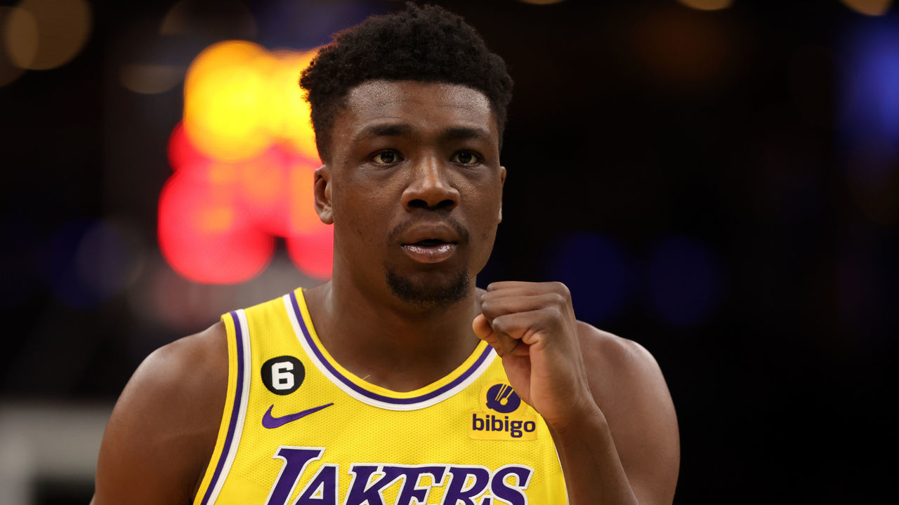 BOSTON, MASSACHUSETTS - JANUARY 28: Thomas Bryant #31 of the Los Angeles Lakers rects during the first half against the Los Angeles Lakers at TD Garden on January 28, 2023 in Boston, Massachusetts.