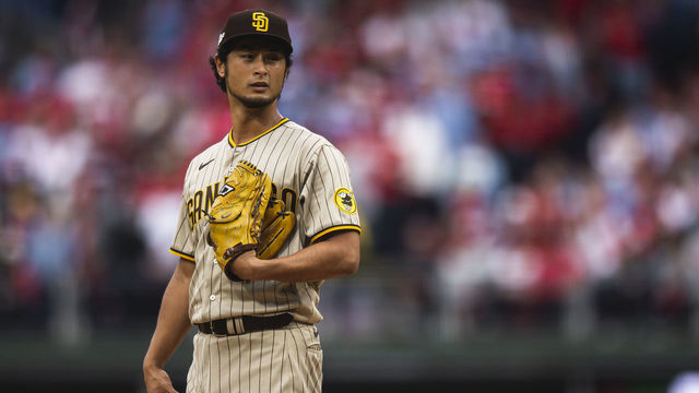 PHILADELPHIA, PENNSYLVANIA - OCTOBER 23: Yu Darvish #11 of the San Diego Padres pitches in the third inning of Game Five of the National League Championship Series against the Philadelphia Phillies at Citizens Bank Park on October 23, 2022 in Philadelphia, Pennsylvania.