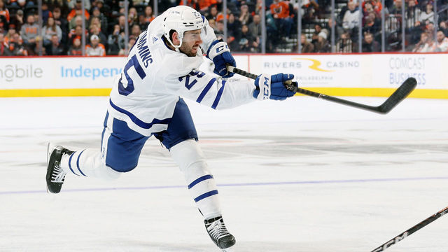 PHILADELPHIA, PENNSYLVANIA - JANUARY 08: Conor Timmins #25 of the Toronto Maple Leafs takes a shot towards the net in the offensive zone in the second period against the Philadelphia Flyers at the Wells Fargo Center on January 8, 2023 in Philadelphia, Pennsylvania. Timmins would score his first career NHL goal on this shot.