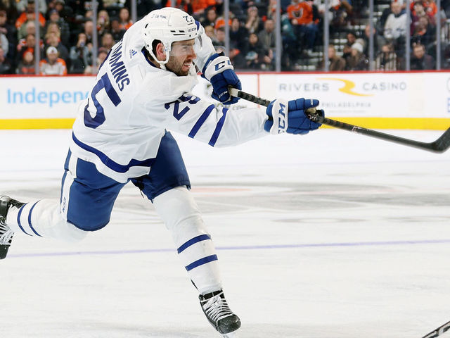 PHILADELPHIA, PENNSYLVANIA - JANUARY 08: Conor Timmins #25 of the Toronto Maple Leafs takes a shot towards the net in the offensive zone in the second period against the Philadelphia Flyers at the Wells Fargo Center on January 8, 2023 in Philadelphia, Pennsylvania. Timmins would score his first career NHL goal on this shot.
