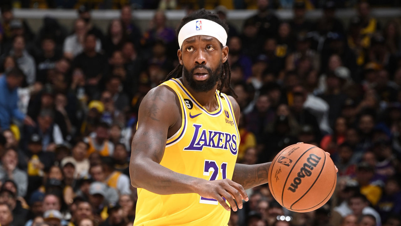 LOS ANGELES, CA - FEBRUARY 7: Patrick Beverley #21 of the Los Angeles Lakers dribbles the ball against the Oklahoma City Thunder on February 7, 2023 at Crypto.Com Arena in Los Angeles, California. NOTE TO USER: User expressly acknowledges and agrees that, by downloading and/or using this Photograph, user is consenting to the terms and conditions of the Getty Images License Agreement. Mandatory Copyright Notice: Copyright 2023 NBAE