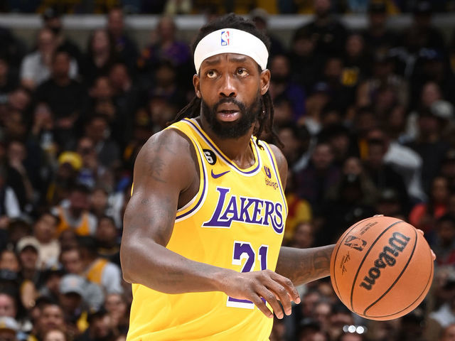LOS ANGELES, CA - FEBRUARY 7: Patrick Beverley #21 of the Los Angeles Lakers dribbles the ball against the Oklahoma City Thunder on February 7, 2023 at Crypto.Com Arena in Los Angeles, California. NOTE TO USER: User expressly acknowledges and agrees that, by downloading and/or using this Photograph, user is consenting to the terms and conditions of the Getty Images License Agreement. Mandatory Copyright Notice: Copyright 2023 NBAE