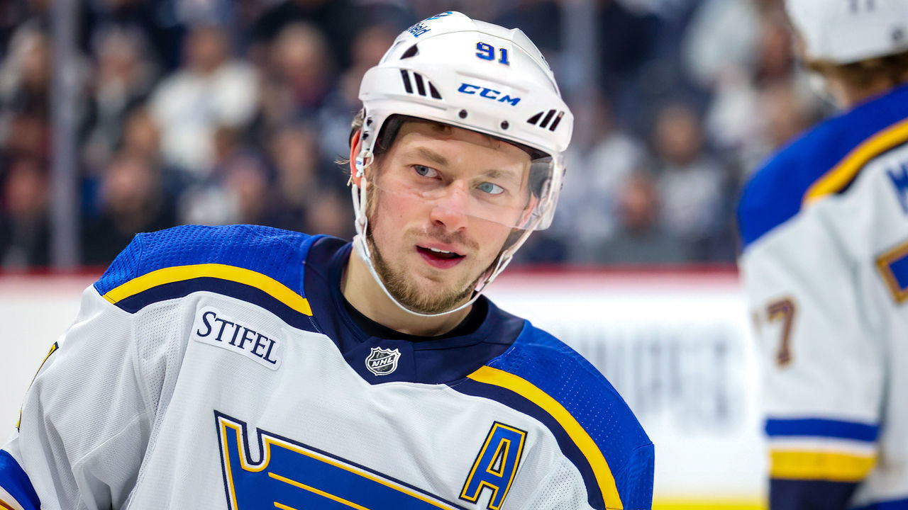 WINNIPEG, CANADA - JANUARY 30: Vladimir Tarasenko #91 of the St. Louis Blues looks on during a first period stoppage of play against the Winnipeg Jets at Canada Life Centre on January 30, 2023 in Winnipeg, Manitoba, Canada.