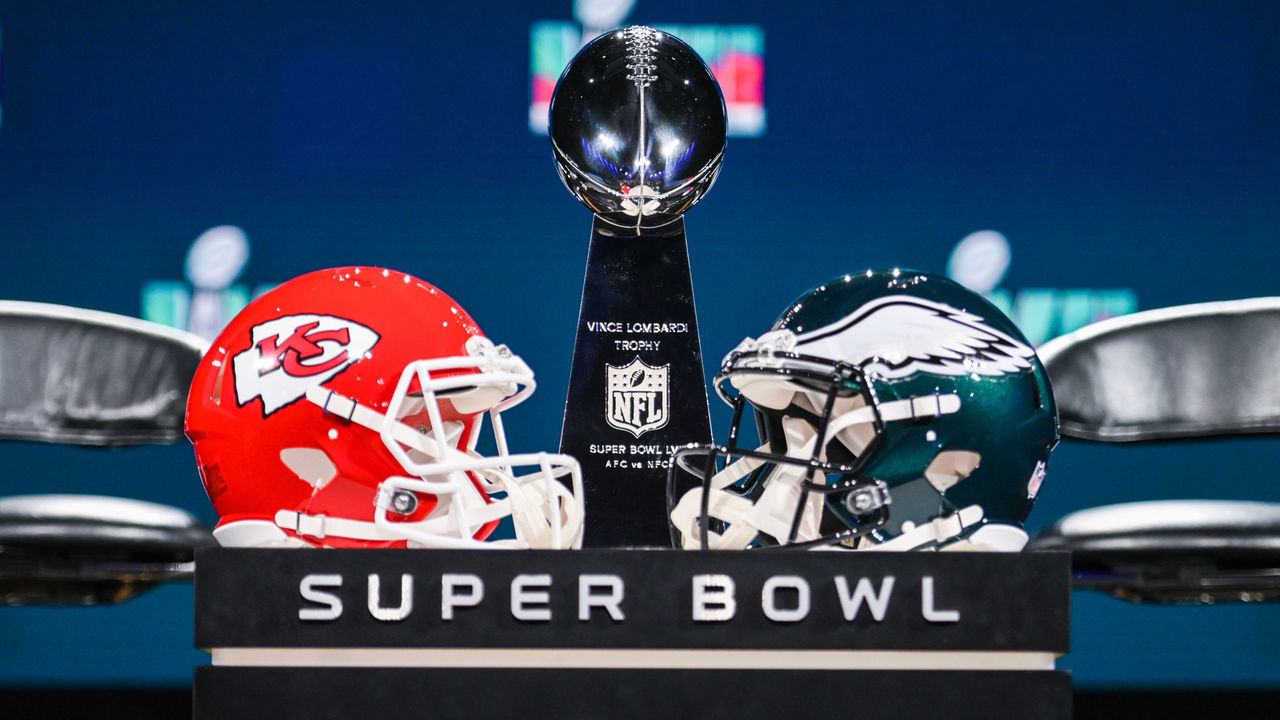 The Vince Lombardi trophy and helmets for the Chiefs and Eagles sit on a display ahead of Commissioner Roger Goodells Super Bowl LVII press conference at the Phoenix Convention Center. Picture date: Wednesday February 8, 2023. Super Bowl LVII will take place Sunday Feb. 12, 2023 between the Kansas City Chiefs and the Philadelphia Eagles.