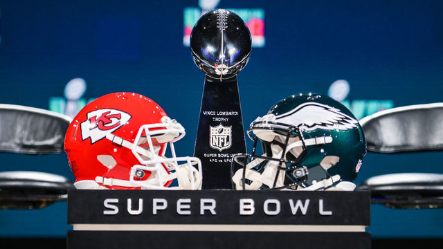 The Vince Lombardi trophy and helmets for the Chiefs and Eagles sit on a display ahead of Commissioner Roger Goodells Super Bowl LVII press conference at the Phoenix Convention Center. Picture date: Wednesday February 8, 2023. Super Bowl LVII will take place Sunday Feb. 12, 2023 between the Kansas City Chiefs and the Philadelphia Eagles.