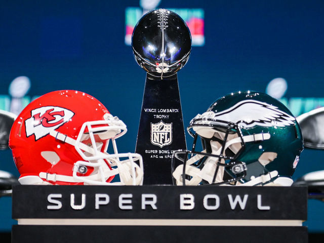 The Vince Lombardi trophy and helmets for the Chiefs and Eagles sit on a display ahead of Commissioner Roger Goodells Super Bowl LVII press conference at the Phoenix Convention Center. Picture date: Wednesday February 8, 2023. Super Bowl LVII will take place Sunday Feb. 12, 2023 between the Kansas City Chiefs and the Philadelphia Eagles.
