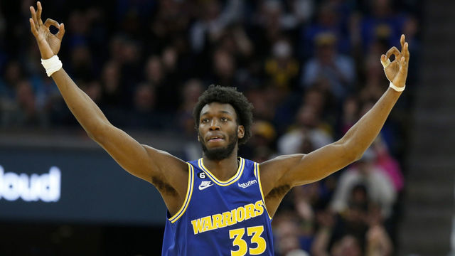 SAN FRANCISCO, CALIFORNIA - DECEMBER 27: Golden State Warriors' James Wiseman #33 reacts after a basket in the third quarter of their NBA game against the Charlotte Hornets at the Chase Center in San Francisco, Calif., on Tuesday, Dec. 27, 2022. (Jane Tyska/Digital First Media/East Bay Times via Getty Images)