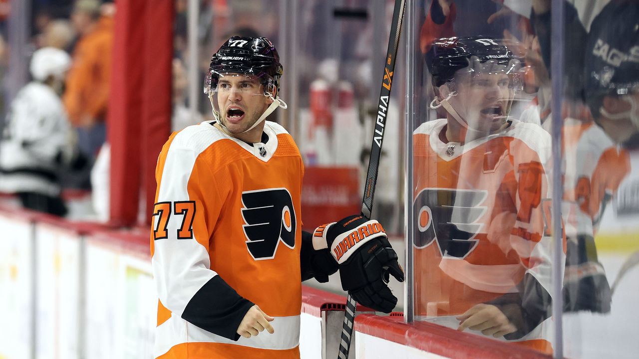 PHILADELPHIA, PENNSYLVANIA - JANUARY 24: Tony DeAngelo #77 of the Philadelphia Flyers reacts after a loss to the Los Angeles Kings at Wells Fargo Center on January 24, 2023 in Philadelphia, Pennsylvania.