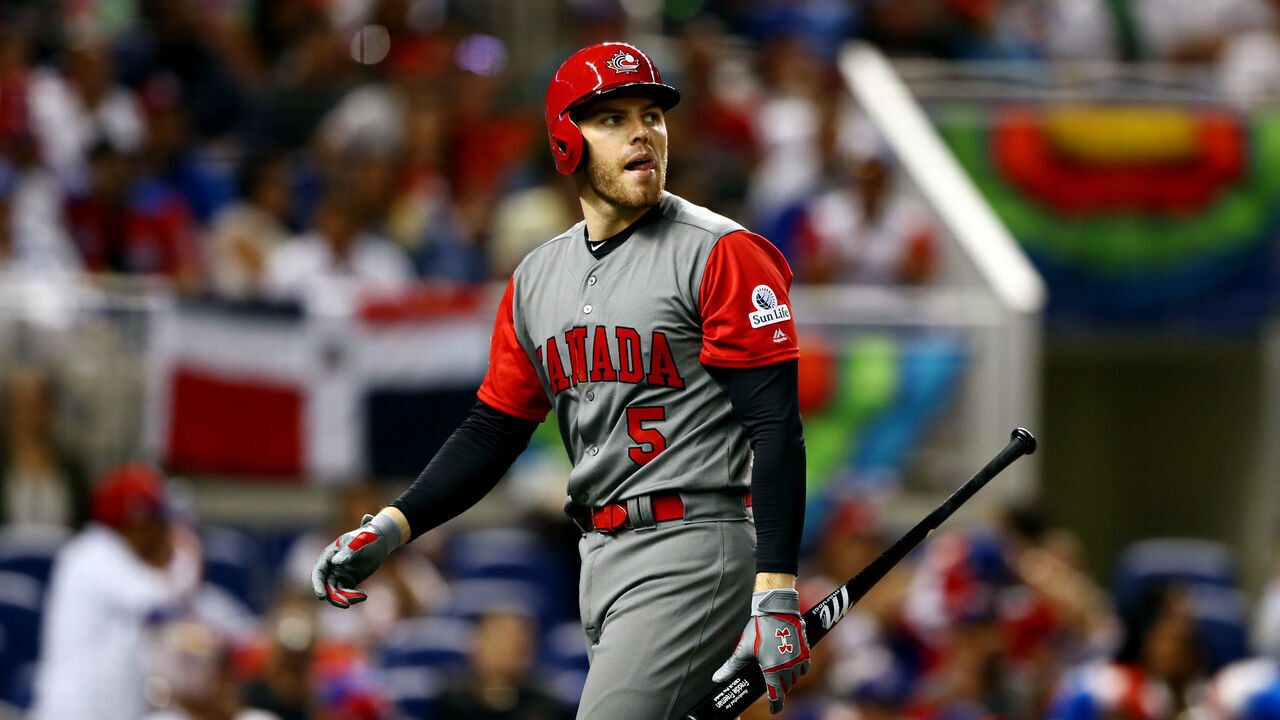 MIAMI, FL - MARCH 9: Freddie Freeman #5 of Team Canada walks back to the dugout during to Game 1 of Pool C of the 2017 World Baseball Classic against Team Dominican Republic on Thursday, March 9, 2017 at Marlins Park in Miami, Florida.