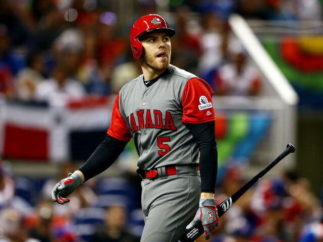 MIAMI, FL - MARCH 9: Freddie Freeman #5 of Team Canada walks back to the dugout during to Game 1 of Pool C of the 2017 World Baseball Classic against Team Dominican Republic on Thursday, March 9, 2017 at Marlins Park in Miami, Florida.