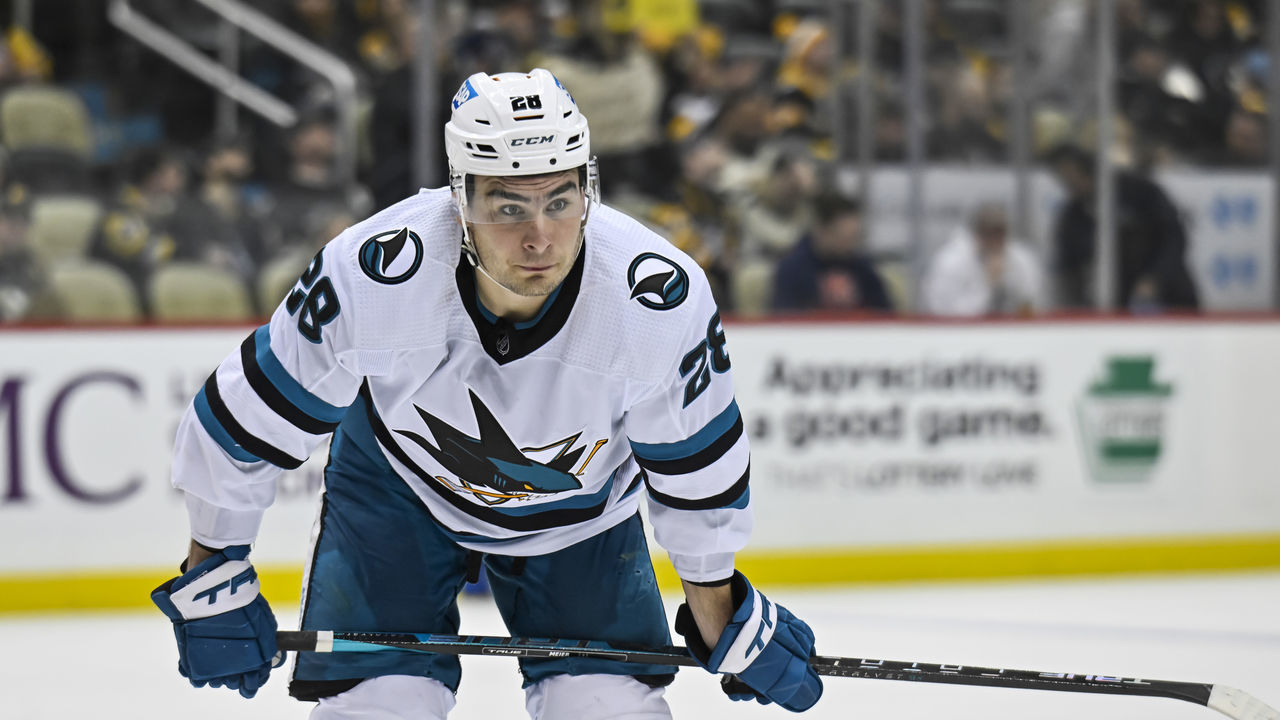 PITTSBURGH, PA - JANUARY 28: San Jose Sharks Left Wing Timo Meier (28) waits for play to begin during the second period in the NHL game between the Pittsburgh Penguins and the San Jose Sharks on January 28, 2023, at PPG Paints Arena in Pittsburgh, PA.