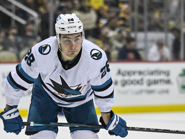 PITTSBURGH, PA - JANUARY 28: San Jose Sharks Left Wing Timo Meier (28) waits for play to begin during the second period in the NHL game between the Pittsburgh Penguins and the San Jose Sharks on January 28, 2023, at PPG Paints Arena in Pittsburgh, PA.