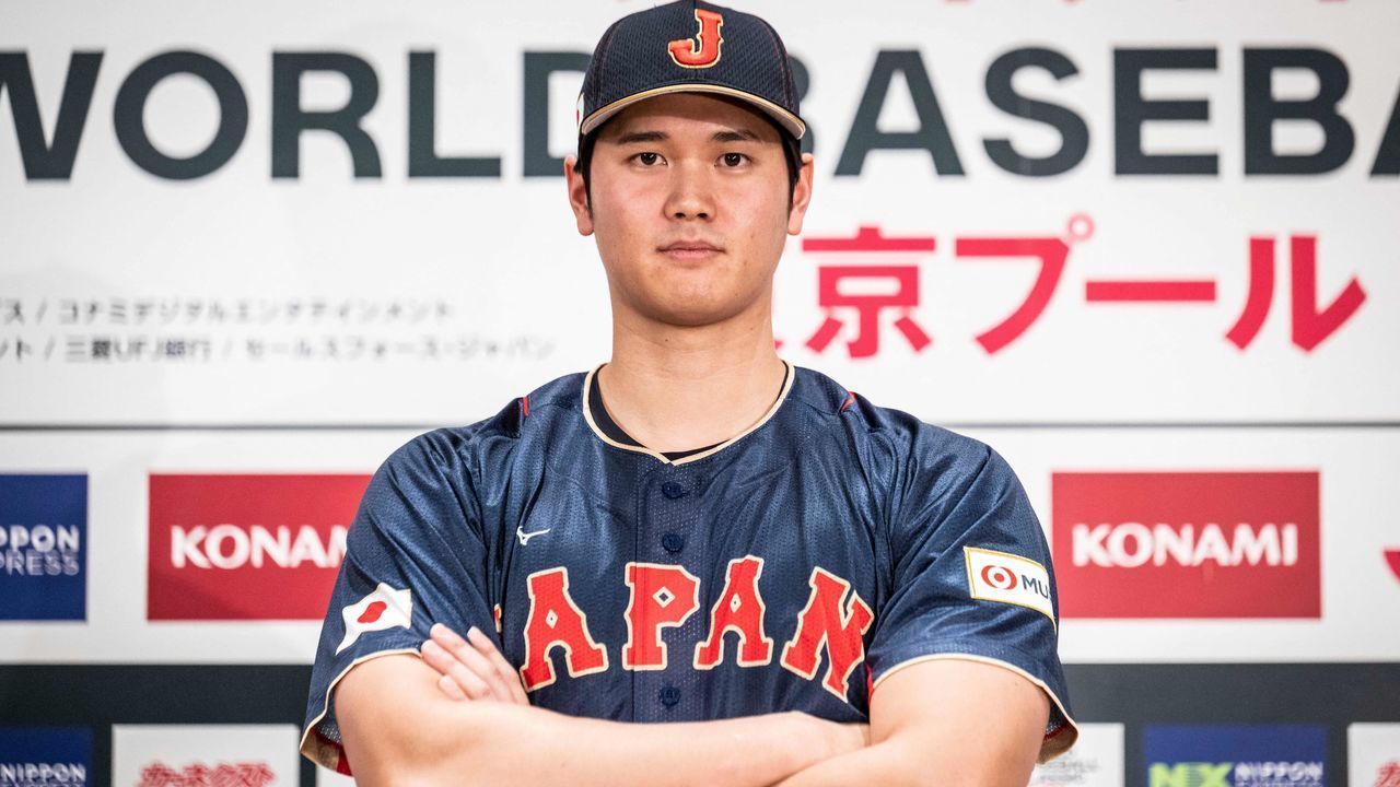 Shohei Ohtani of the Los Angeles Angels poses for photographs during a press conference ahead of the 2023 World Baseball Classic tournament in Tokyo on January 6, 2023.