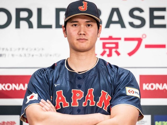 Shohei Ohtani of the Los Angeles Angels poses for photographs during a press conference ahead of the 2023 World Baseball Classic tournament in Tokyo on January 6, 2023.