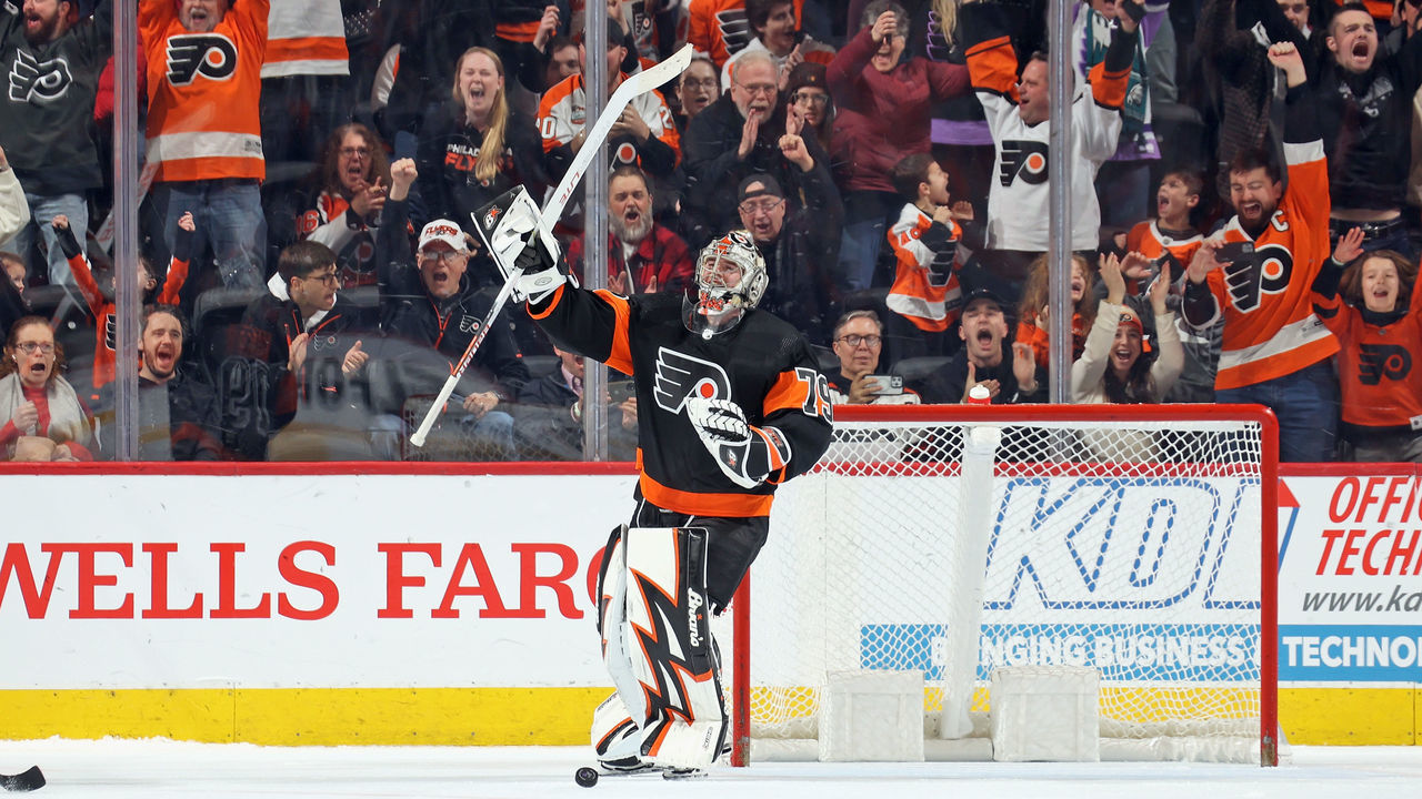 PHILADELPHIA, PENNSYLVANIA - FEBRUARY 09: Carter Hart #79 of the Philadelphia Flyers reacts after making the final save in the shootout to defeat the Edmonton Oilers 2-1 at the Wells Fargo Center on February 9, 2023 in Philadelphia, Pennsylvania.