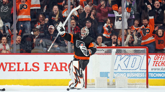 PHILADELPHIA, PENNSYLVANIA - FEBRUARY 09: Carter Hart #79 of the Philadelphia Flyers reacts after making the final save in the shootout to defeat the Edmonton Oilers 2-1 at the Wells Fargo Center on February 9, 2023 in Philadelphia, Pennsylvania.