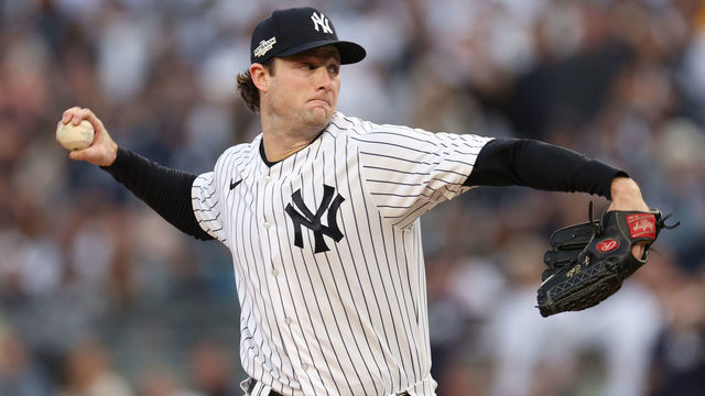 NEW YORK, NEW YORK - OCTOBER 22: Gerrit Cole #45 of the New York Yankees pitches against the Houston Astros during the first inning in game three of the American League Championship Series at Yankee Stadium on October 22, 2022 in New York City.