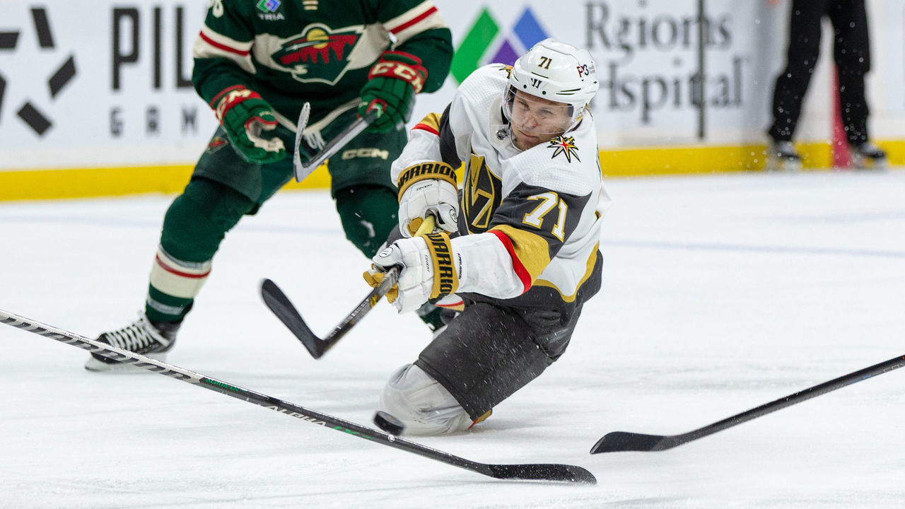 SAINT PAUL, MN - FEBRUARY 09: Vegas Golden Knights center William Karlsson (71) shoots the puck while falling during the NHL game between the Vegas Golden Knights and the Minnesota Wild, On February 9th, 2023, at the Xcel Energy Center in Saint Paul, MN.