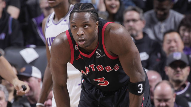 SACRAMENTO, CA - JANUARY 25: O.G. Anunoby #3 of the Toronto Raptors looks on during the game against the Sacramento Kings on January 25, 2023 at Golden 1 Center in Sacramento, California. NOTE TO USER: User expressly acknowledges and agrees that, by downloading and or using this photograph, User is consenting to the terms and conditions of the Getty Images Agreement. Mandatory Copyright Notice: Copyright 2023 NBAE