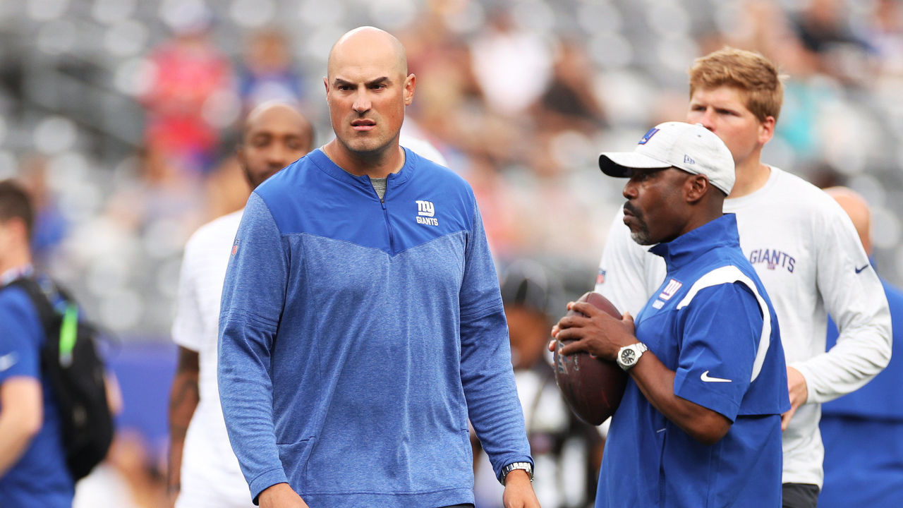 EAST RUTHERFORD, NEW JERSEY - AUGUST 21: Offensive coordinator Mike Kafka of the New York Giants looks on during warmups of a preseason game against the Cincinnati Bengals at MetLife Stadium on August 21, 2022 in East Rutherford, New Jersey.