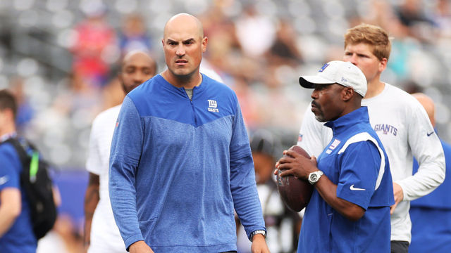 EAST RUTHERFORD, NEW JERSEY - AUGUST 21: Offensive coordinator Mike Kafka of the New York Giants looks on during warmups of a preseason game against the Cincinnati Bengals at MetLife Stadium on August 21, 2022 in East Rutherford, New Jersey.
