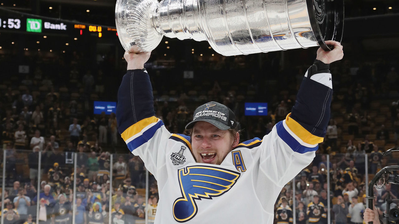 BOSTON, MASSACHUSETTS - JUNE 12: Vladimir Tarasenko #91 of the St. Louis Blues holds the Stanley Cup following the Blues victory over the Boston Bruins at TD Garden on June 12, 2019 in Boston, Massachusetts.