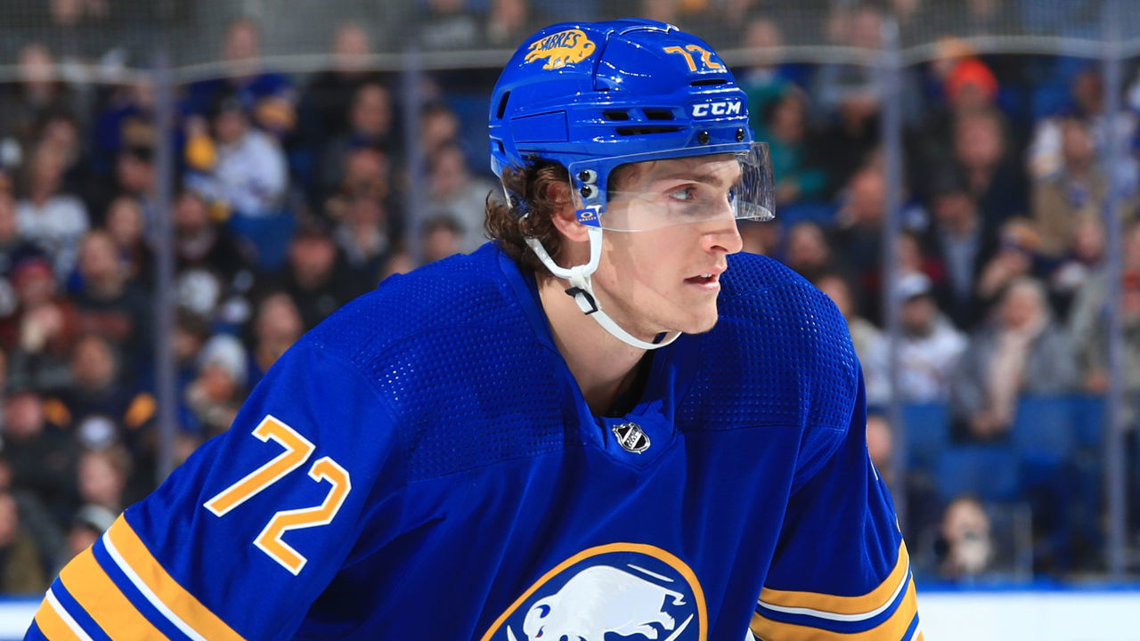 BUFFALO, NY - JANUARY 12: Tage Thompson #72 of the Buffalo Sabres prepares for a faceoff during an NHL game against the Winnipeg Jets on January 12, 2023 at KeyBank Center in Buffalo, New York.