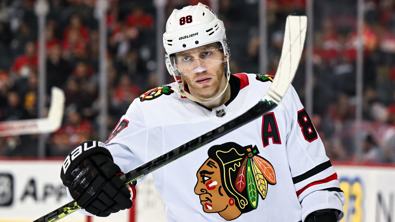 CALGARY, AB - JANUARY 26: Chicago Blackhawks Right Wing Patrick Kane (88) looks on during the third period of an NHL game between the Calgary Flames and the Chicago Blackhawks on January 26, 2023, at the Scotiabank Saddledome in Calgary, AB.