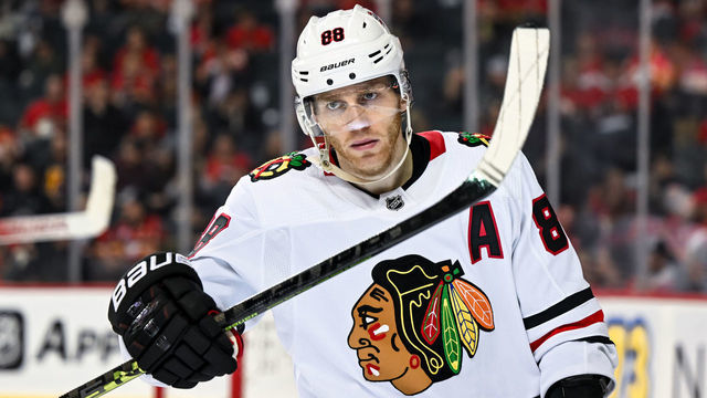 CALGARY, AB - JANUARY 26: Chicago Blackhawks Right Wing Patrick Kane (88) looks on during the third period of an NHL game between the Calgary Flames and the Chicago Blackhawks on January 26, 2023, at the Scotiabank Saddledome in Calgary, AB.