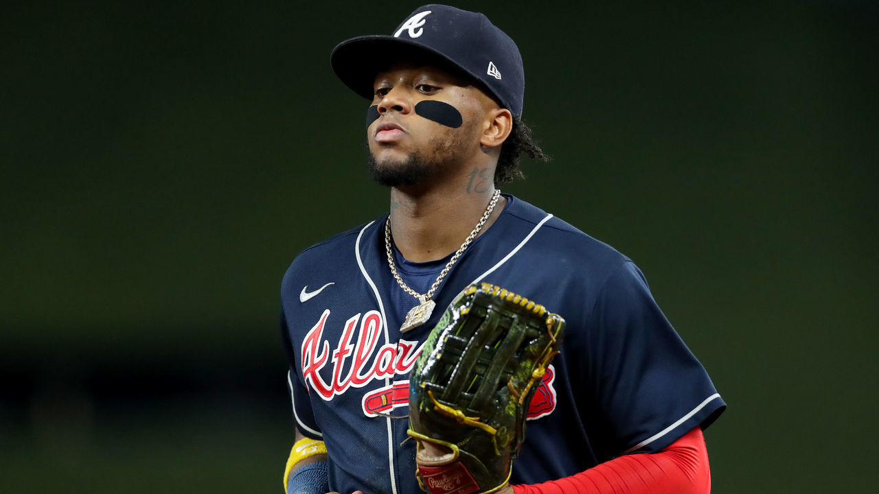 MIAMI, FLORIDA - OCTOBER 03: Ronald Acuna Jr. #13 of the Atlanta Braves looks on against the Miami Marlins at loanDepot park on October 03, 2022 in Miami, Florida.